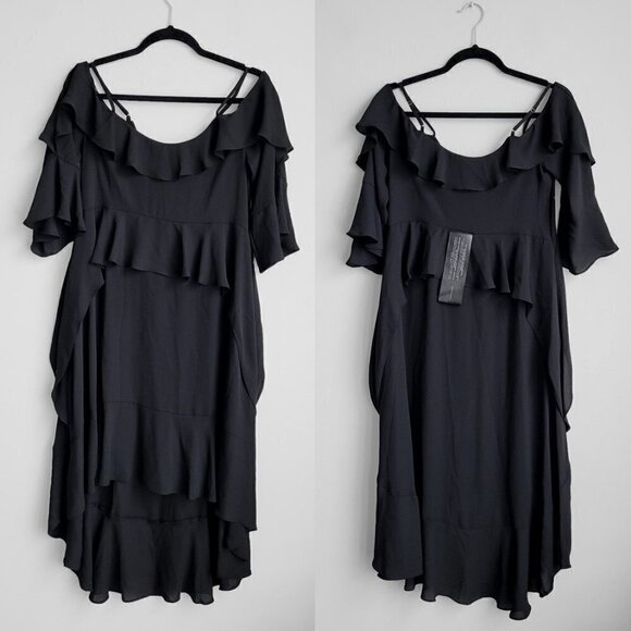 NWT BCBGMaxAzria Lorelie Black Asymmetrical Tiered Ruffled Vintage Dress - Picture 4 of 13
